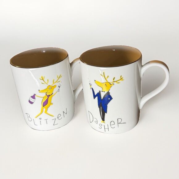 Pottery Barn Other - Pottery Barn Reindeer Blitzen Donner Porcelain Mugs Set Of 2‎